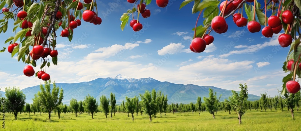 Poster orchard with sour cherry trees, perfect for a copy space image.