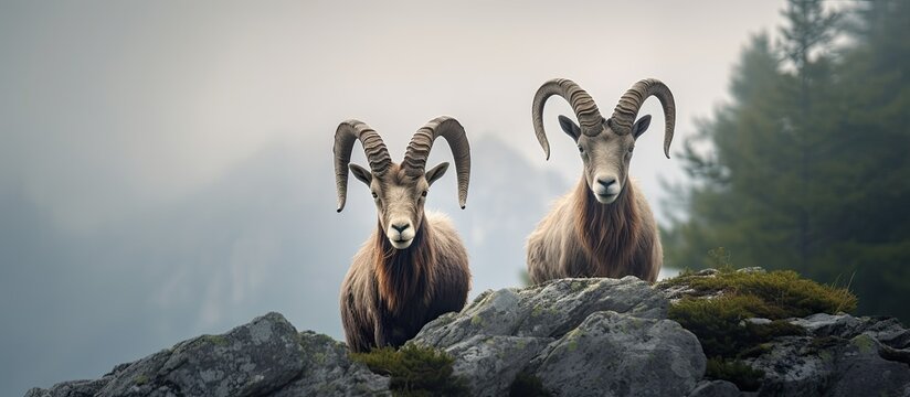 In the morning fog, Rupicapra, also known as rock goats, perched on limestone rocks in the highlands, creating a stunning scene with copy space image.