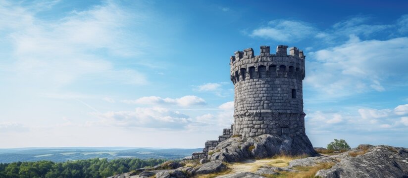 Ancient stone castle tower in Nyrkiv captured in a photo with empty space for text or graphics.