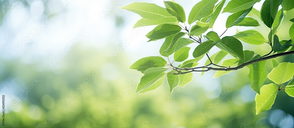 Poster close-up view of green tree leaves in a landscape with copy space image available.