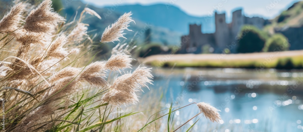 Poster close-up of river reed with an ancient castle in the mountains, a dried flower in the foreground, an