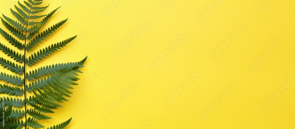 Poster Top view flat lay of a fern on yellow paper background with ample copy space image.