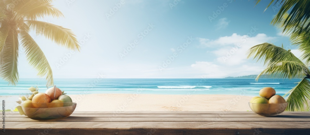Poster a picturesque summer beach scene with a blurred tropical ocean view and a vacant area for showcasing
