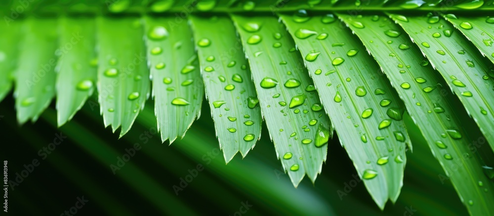 Poster palm leaves adorned with water droplets creating a picturesque copy space image.