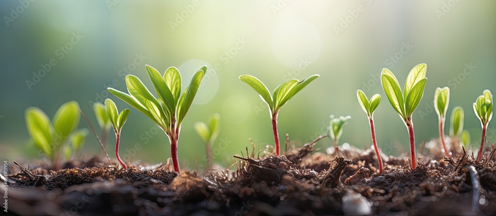 Aufkleber Fresh cherry tree sprouts in a spring garden setting, with a background suitable for text or design overlay - copy space image.