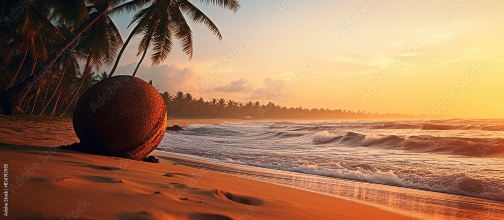 Poster sunset over a beach in sri lanka with a coconut in the foreground, creating a picturesque copy space