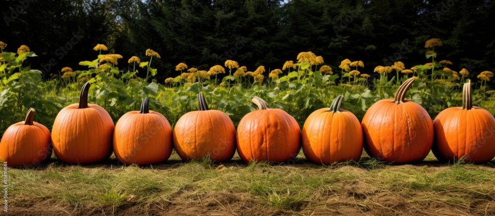 Poster a collection of big, orange pumpkins rests on the garden ground with a front-view perspective, provi