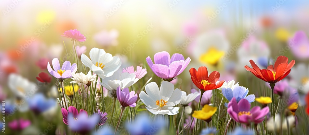 Poster spring arrangement of colorful wildflowers against a blurred natural background with copy space imag