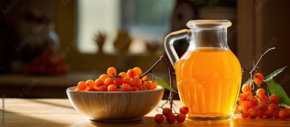 Aufkleber home-made glass carafe with sea-buckthorn compote in the kitchen, with a shallow depth of field focu