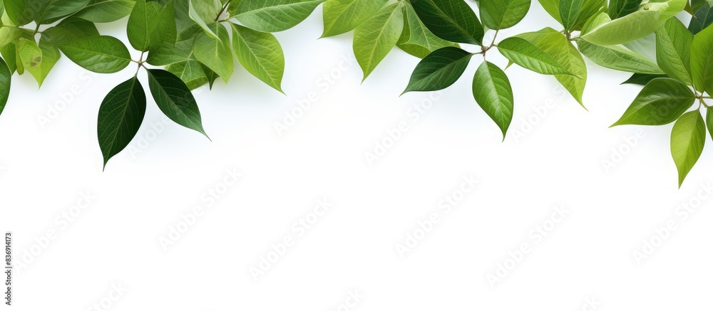 Poster a vibrant image of green leaves set against a clean white backdrop, with ample copy space for text o