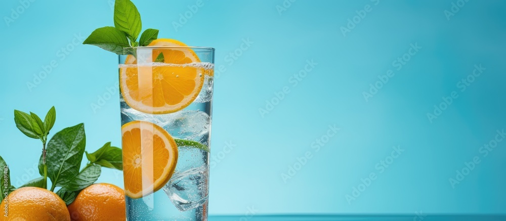 Poster close-up of a glass with soda water and citrus, garnished with orange and basil on a blue background