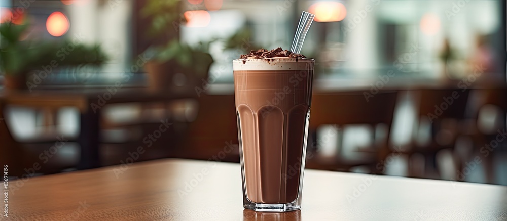 Poster a cold chocolate drink in a glass sits on a table inside a cozy cafe restaurant, leaving plenty of s