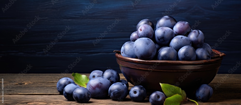 Poster autumnal blue plums compote displayed on a wooden tabletop with copy space image.