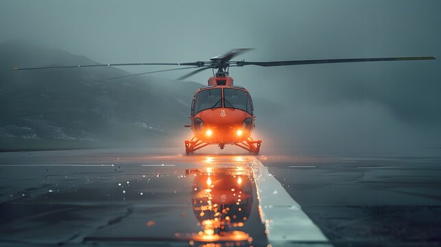 A red helicopter landing on the wet tarmac, with its lights shining bright against an overcast sky. The scene is set at night and it is raining lightly.