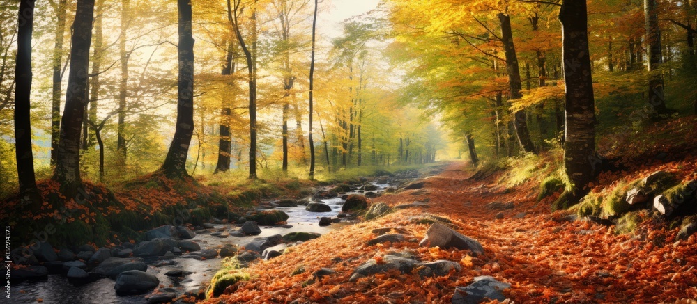Aufkleber autumn in the forest with vibrant foliage and a serene atmosphere, ideal for a walk amidst nature's 