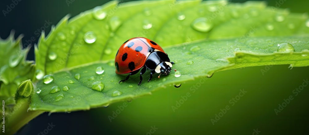 Aufkleber Ladybug on green leaf in detailed macro view with copy space image.
