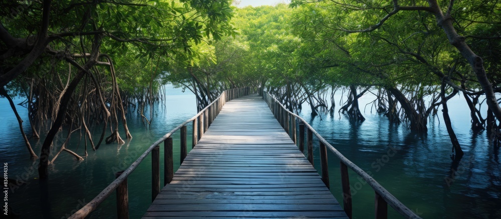Aufkleber a serene mangrove forest surrounds a wooden bridge in the background, creating an ideal copy space i