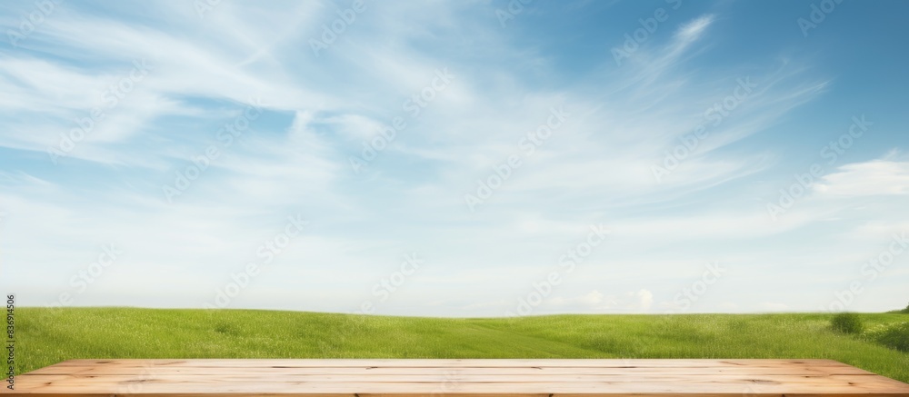 Poster wooden desk with white surface under a blue sky backdrop, featuring green grass and empty area for d
