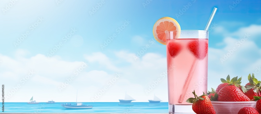 Poster A refreshing strawberry beverage garnished with a zesty lemon slice in a beautiful setting with generous copy space image.