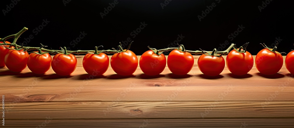 Poster cherry tomatoes creatively arranged on a wooden table with copy space image.