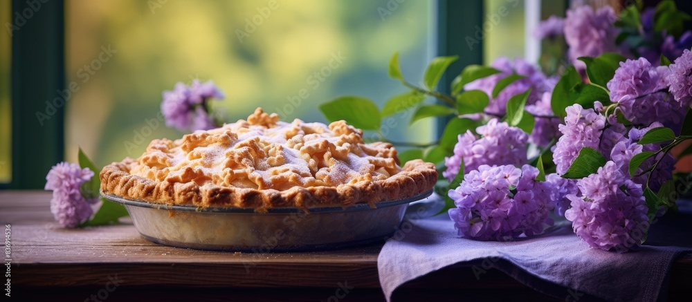 Aufkleber Apple pie on a rustic wooden table with a bunch of lilacs, creating a serene ambiance in the image with soft coloring and available copy space image.