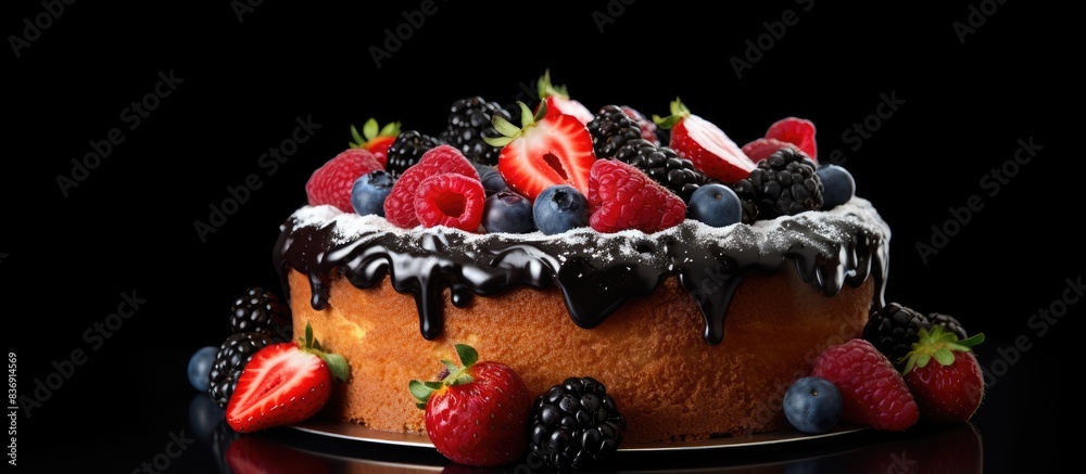 Poster cake topped with fresh berries, against a black backdrop, with room for text or graphics in the imag