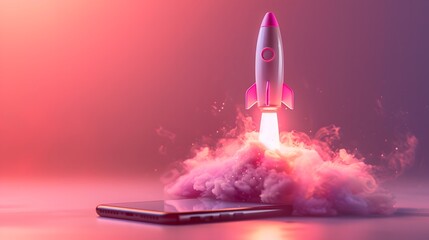 Obraz premium A rocket emerging from an iPhone, set against a gradient background with soft lighting and a pink color scheme. visually representing social media.