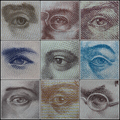 Eyes with banknotes on a black background