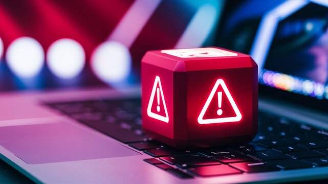 A striking red cube with a distinct white triangle and exclamation mark symbol on it