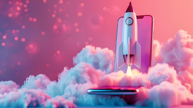 A rocket emerging from an iPhone, set against a gradient background with soft lighting and a pink color scheme. visually representing social media.