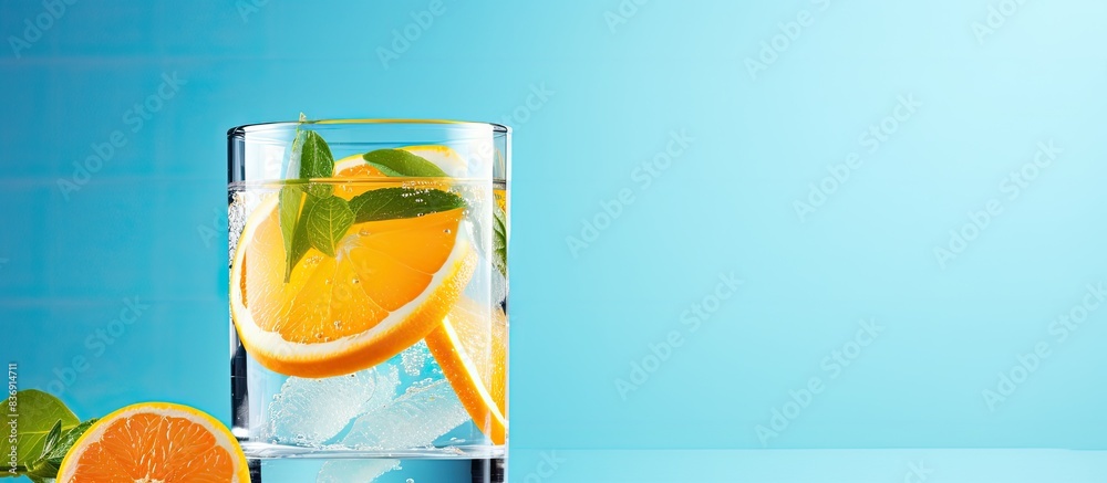 Poster close-up of a glass with soda water and citrus, garnished with orange and basil on a blue background