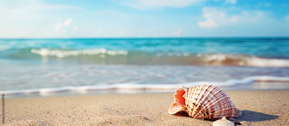 Poster sandy beach with a seashell during summertime, perfect for a copy space image.