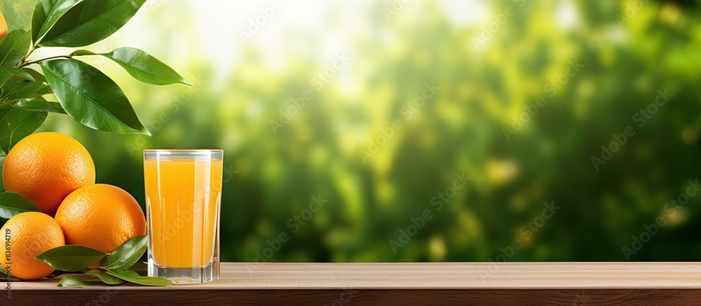 Poster a glass filled with orange juice stands on a table against a lush green backdrop with copy space ima