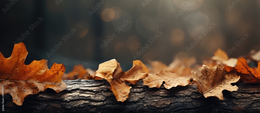 Poster oak leaves withered up a lack of moisture to create a fall-themed copy space image.