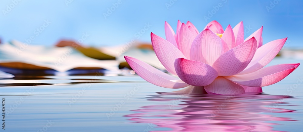Poster close-up of a pink lotus flower in a pond with ample copy space image.