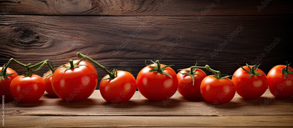 Aufkleber Tomatoes displayed on a rustic wooden table with available copy space image.