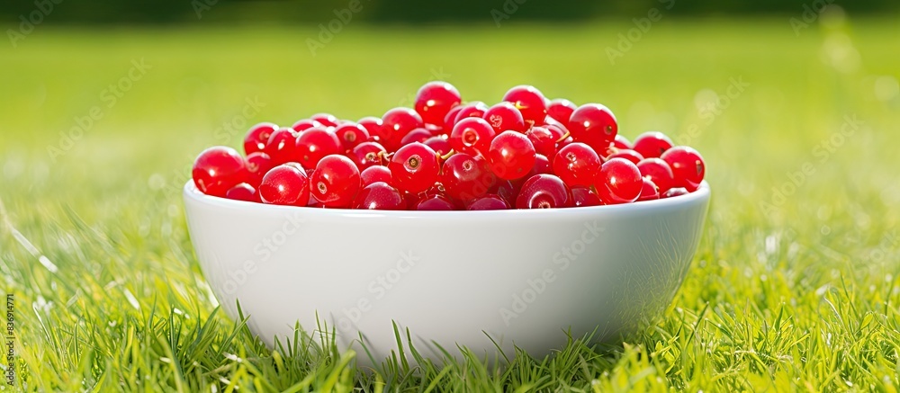 Poster close-up horizontal image of a white bowl filled with fresh red currants on vibrant green grass, inc