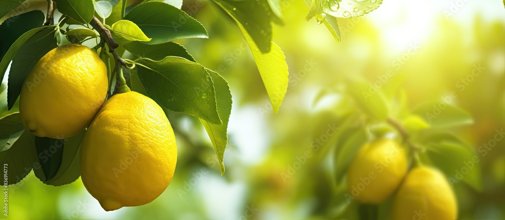Poster lemon on tree in garden with copy space image.