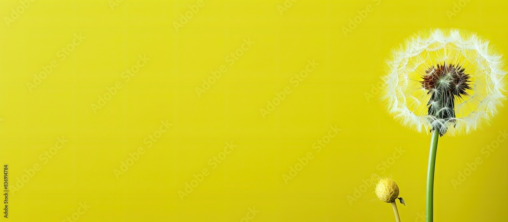 Poster A single dandelion with seeds on a green backdrop featuring yellow dandelion blooms in a copy space image.