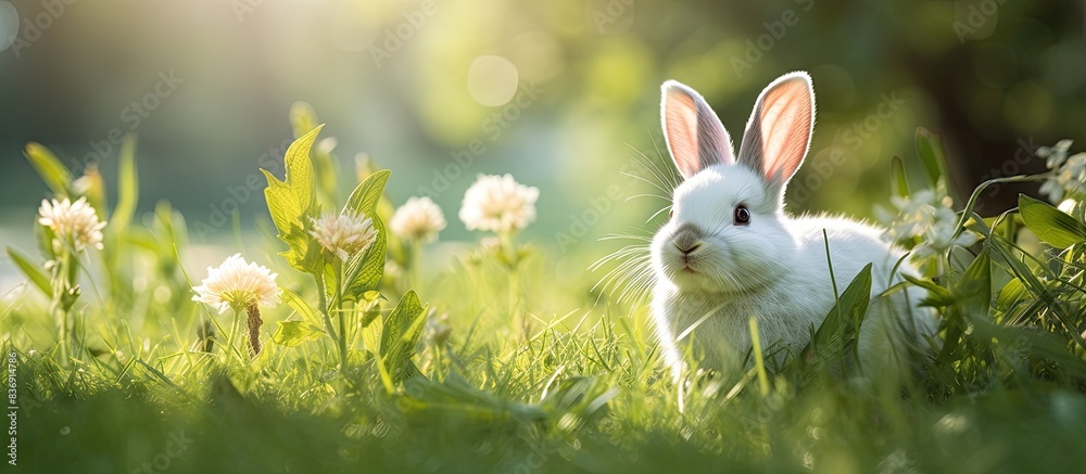 Poster a white rabbit resting on lush green grass in the garden, with a scenic background for a copy space 