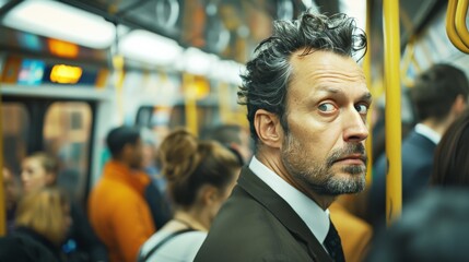 Obraz premium Businessman in crowded subway, looking lost in thought among rushing commuters, illustrating isolation and introspection in business life.
