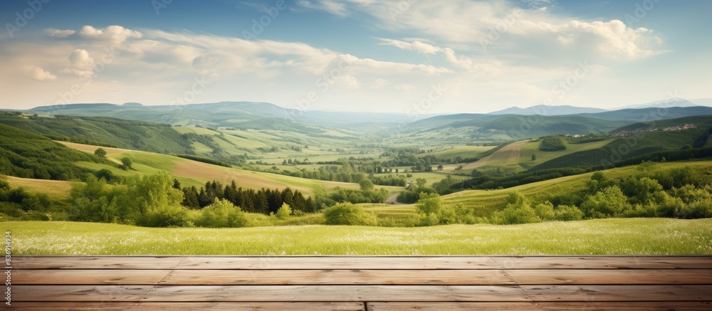Poster scenic countryside view of rolling hills and valleys with a wooden plank floor beneath the copy spac