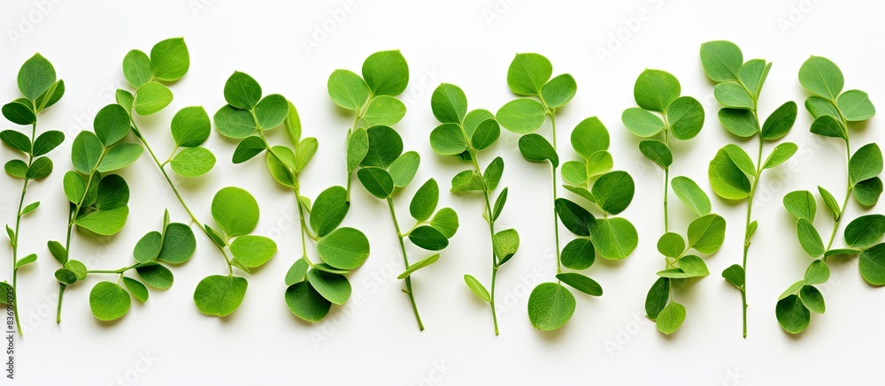 Poster moringa leaves arranged with a white backdrop, perfect for a copy space image.