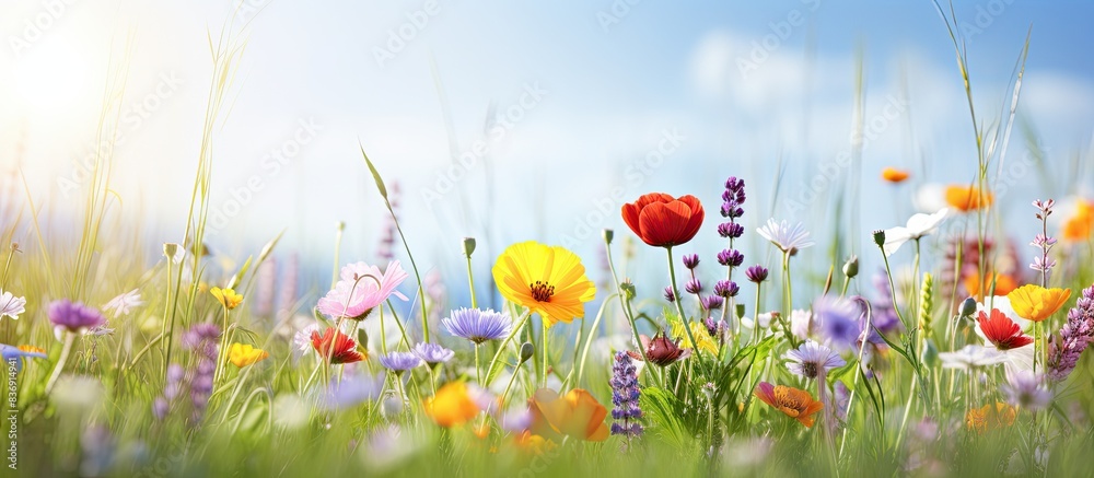Poster lush green meadow with colorful spring flowers, perfect for a serene background with a copy space im