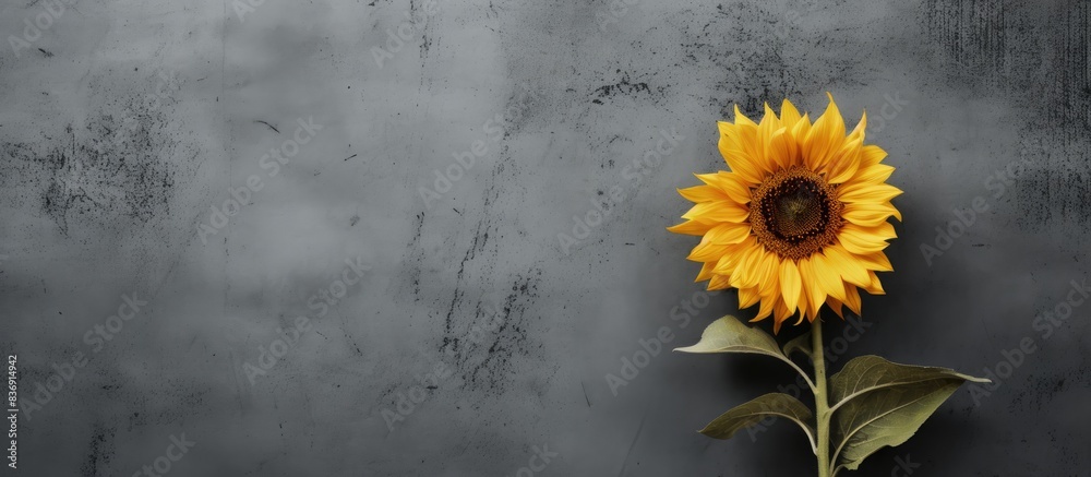 Poster sunflower on gray wall with isolated copy space image.