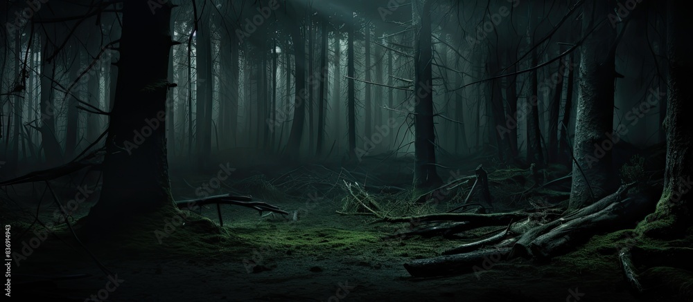 Poster A mysterious image of a forest with shadows and a lack of light, perfect for adding text or graphics in the empty spaces of the picture - copy space image.