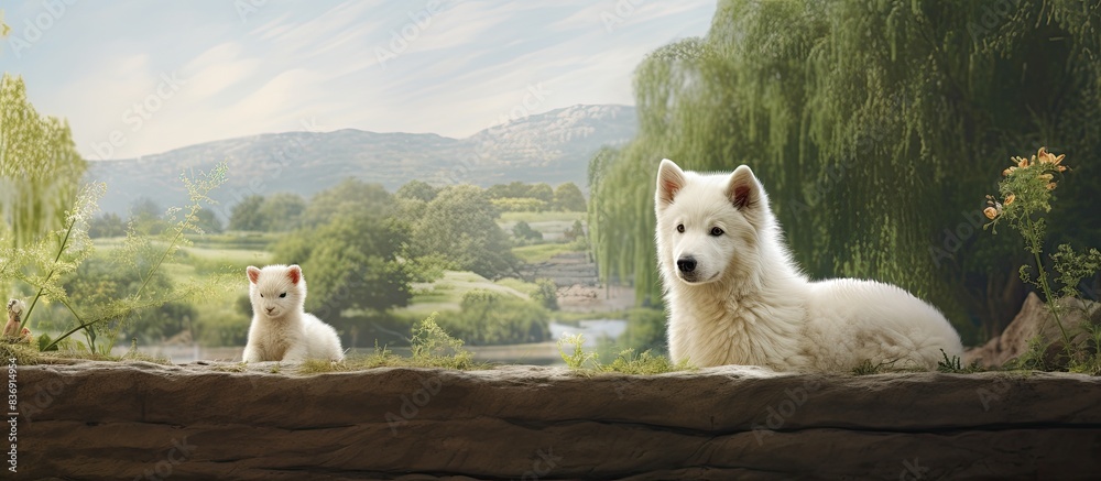 Poster a swiss shepherd with a white puppy in a garden setting, with the small dog meandering and pausing, 
