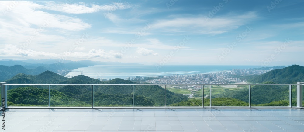 Poster observing the view from the mie prefecture observation deck provides a scenic vista with a copy spac