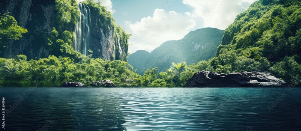 Aufkleber on a bright summer day, cascading water flows down cliffs into a tropical lake, creating a serene sc