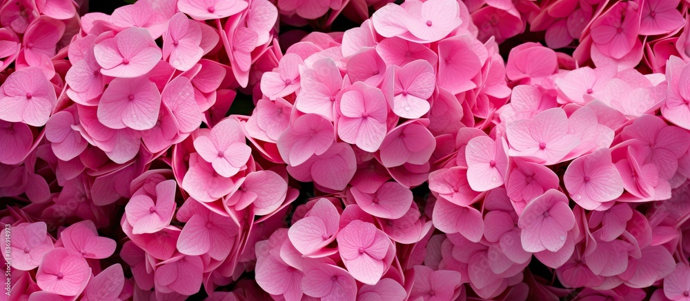 Poster Pink hydrangeas in full bloom during spring with a visually pleasing aspect, presenting an option of a background copy space image.